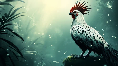 Majestic Spotted Rooster in Lush Jungle, Digital Fantasy Art.