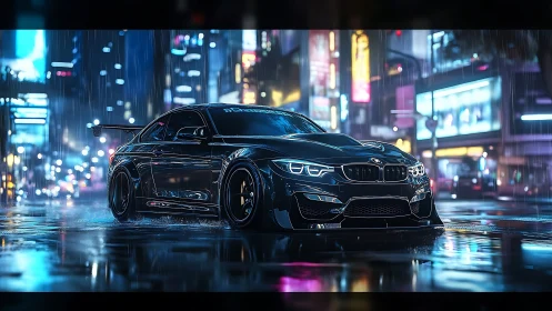 Widebody BMW coupe cuts through neon rain-soaked streets.