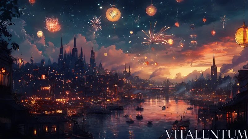 Riverside fantasy cityscape with lantern sky and fireworks.