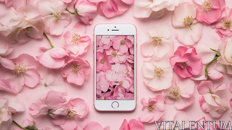 White iPhone displaying pink floral composition on matching background