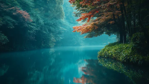 Autumn Forest Lake Reflections with Turquoise Water.