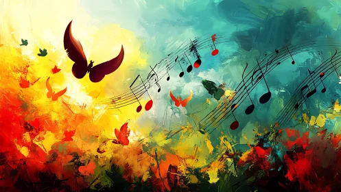 Synesthetic flight paths of musical notes and chromatic birds.