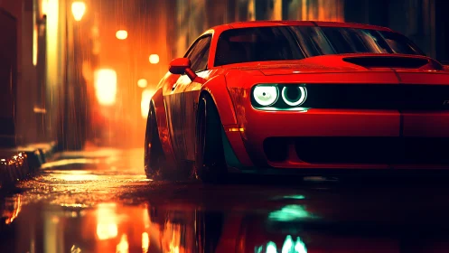 Widebody red muscle car in neon‑lit rainy alley at night