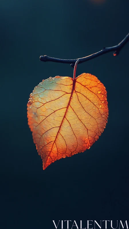 Single orange leaf with water droplets on dark background.