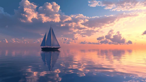 Sailboat cuts mirrored sunset sea under glowing clouds.
