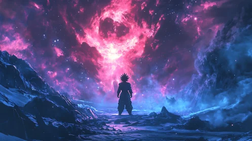 Silhouetted warrior under vivid cosmic nebula sky.