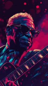 Electric blues guitarist portrait in neon duotone lighting.