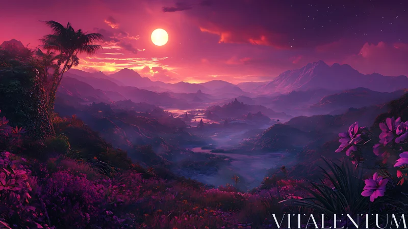 Lunar-lit tropical valley under magenta cinematic sky.
