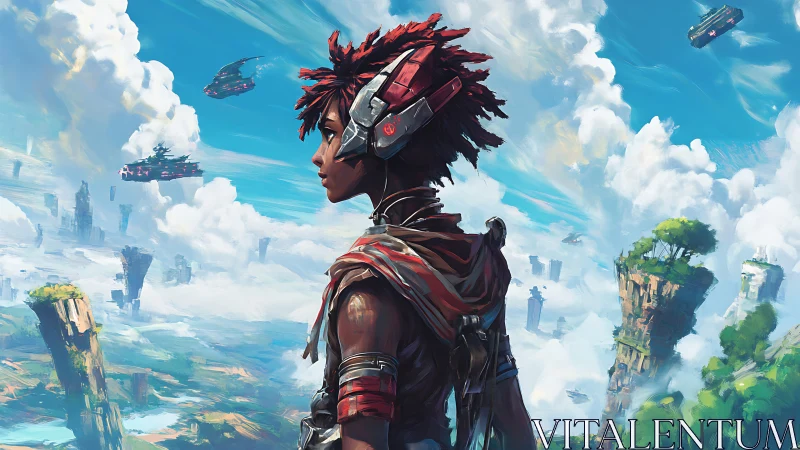 Skyward wanderer surveys floating cliffs and airships.