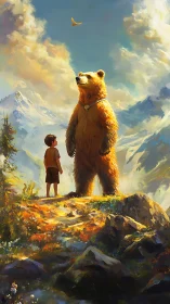 Boy and standing bear on a bright mountain summit.