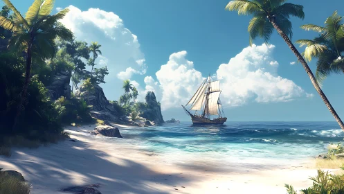 Sailing vessel anchored near tropical island coastline