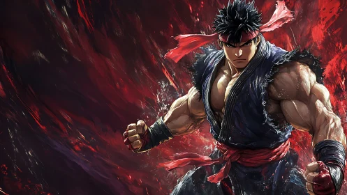 Fierce martial artist rising through a storm of crimson flame.