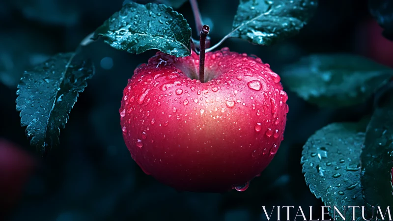 Ruby red apple glistens with dewy raindrops at night.
