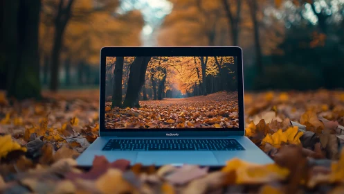 Laptop on autumn leaves showing matching forest scene.