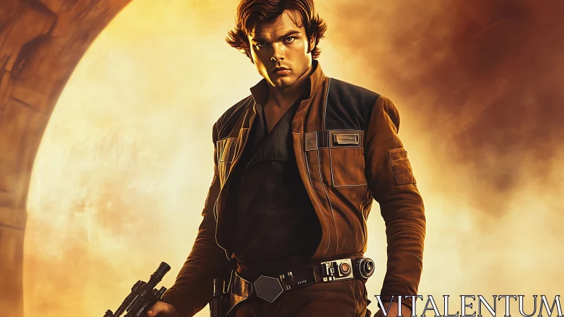 Smuggler outlaw strides through blazing galactic sunrise.