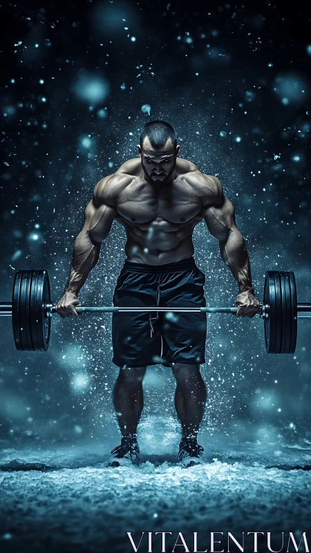 Muscular athlete lifts barbell in dramatic snowstorm scene.