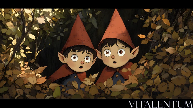 Two hooded children stand amid dense autumn foliage