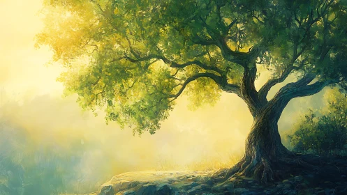 Sunlit ancient tree glows over a tranquil forest clearing.