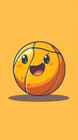 Cute cartoon basketball character on solid yellow background.