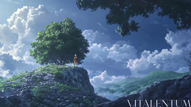 Solitary figure stands on rocky hill under large green tree