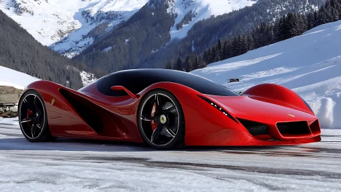 Scarlet hypercar slices through alpine silence on icy runway.