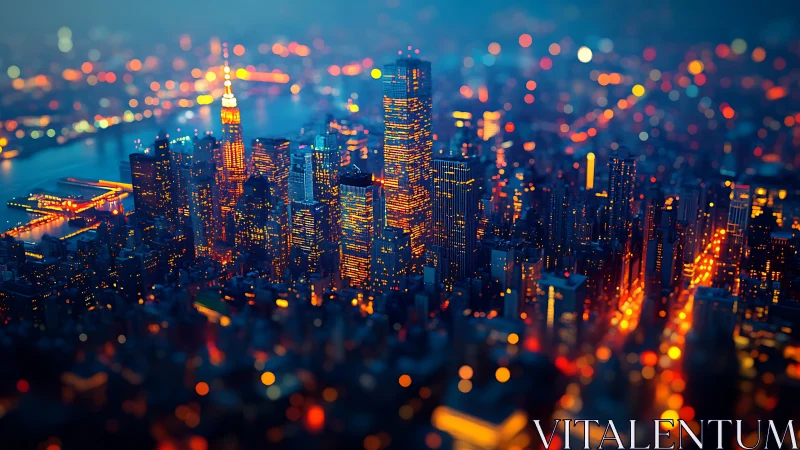 Tilt shift nocturnal megacity skyline with dense bokeh lighting