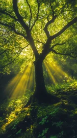 Sunlit forest tree with strong rays through green canopy.