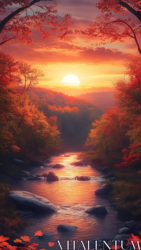 Autumn river sunset under glowing sky and scarlet trees.