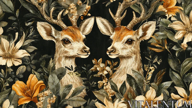 Twin deer heads framed by dense floral foliage pattern.