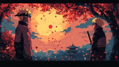 Pixel duel under blazing autumn sun and crimson leaves.