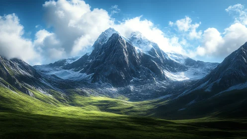 Snow-covered mountain range above sunlit green valley.