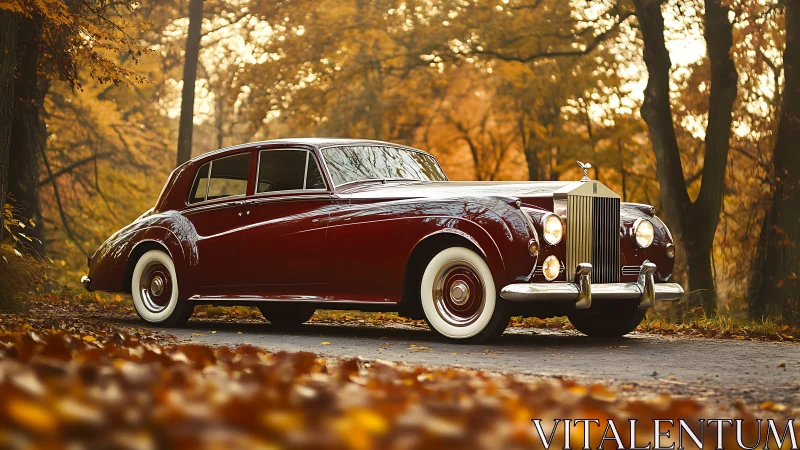 Classic maroon luxury car gliding through autumn woods.