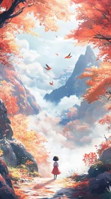 Girl stands on autumn path facing distant misty mountains