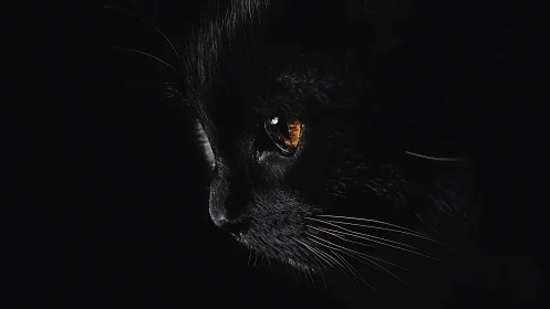 Black cat face illuminated by amber eyes against dark background.