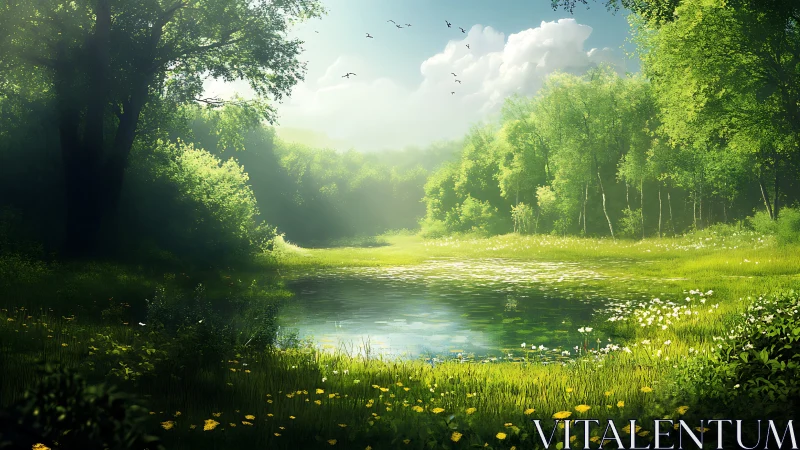 Sunlit Forest River Clearing with Trees and Wildflowers