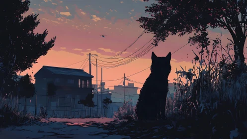 Silhouetted dog watches suburban skyline at dusky sunset.