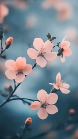 Soft Pink Cherry Blossoms Against Blue Sky.