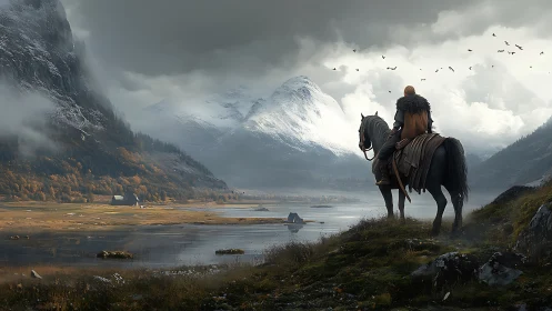 Cinematic fantasy rider surveying misted alpine valley panorama.