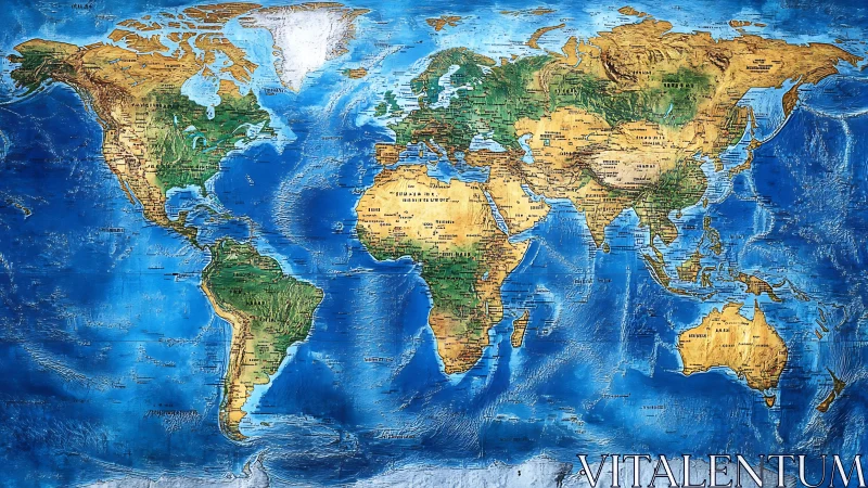 Textured political world map with vivid topographic relief.