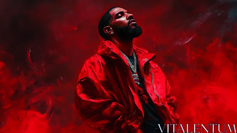 Male figure in red jacket stands against abstract red field