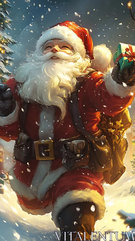 Santa figure moves through snowy landscape holding a gift