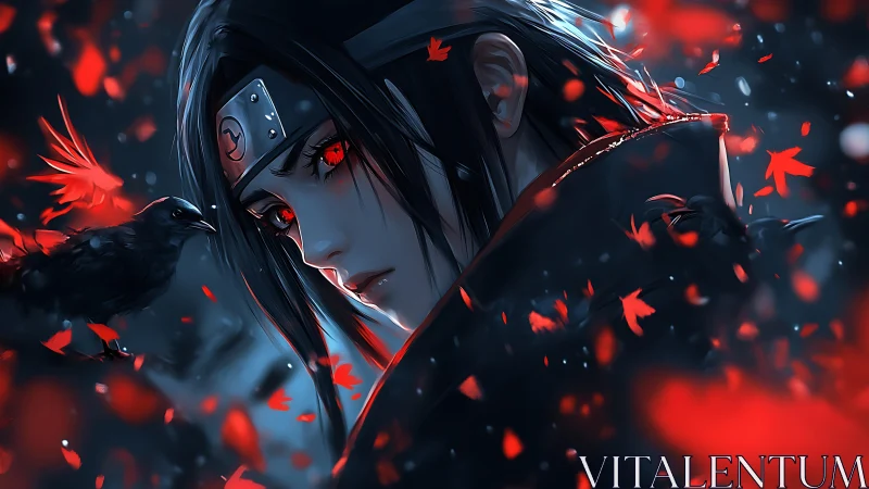 Brooding anime warrior among crows and falling red leaves.
