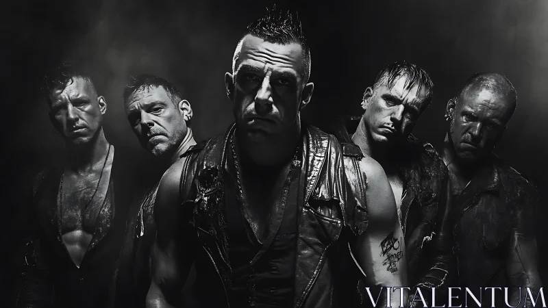 High-contrast monochrome portrait of intense five-man rock group
