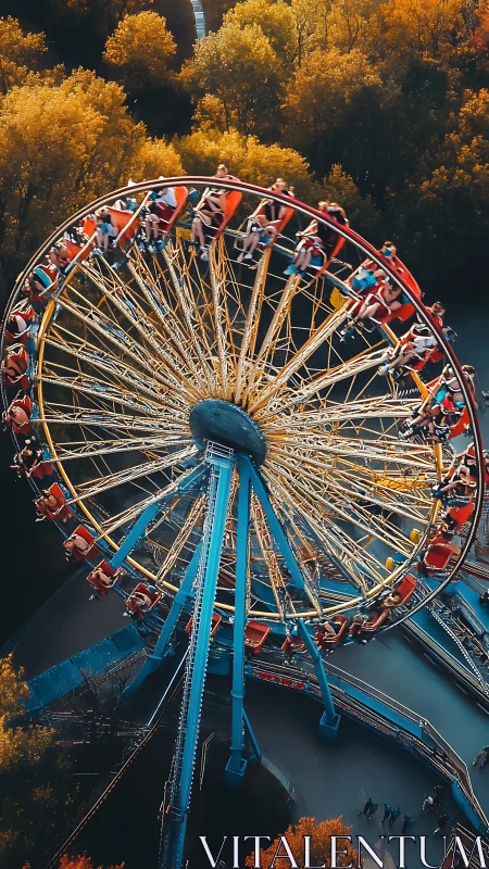 Overhead view of rotating amusement park wheel ride.