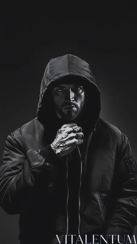 Hooded male subject stands in low key monochrome lighting