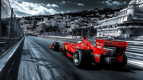High-speed red Formula car races Monaco street circuit with motion blur