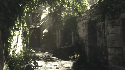 Sunlit overgrown stone corridor with decayed architecture.
