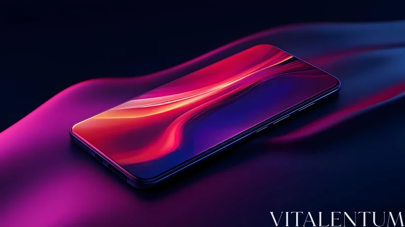 Sleek modern smartphone with vibrant abstract screen on neon surface.