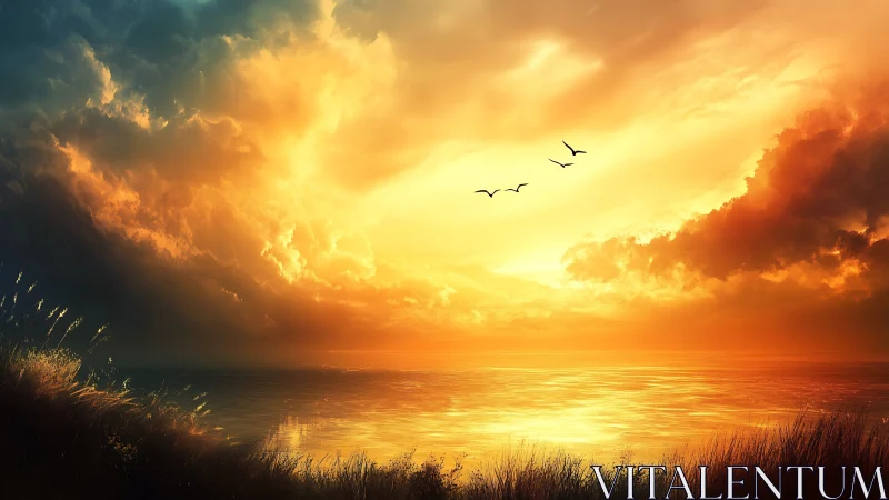 Radiant sunset sky ignites serene coastal waters with light.