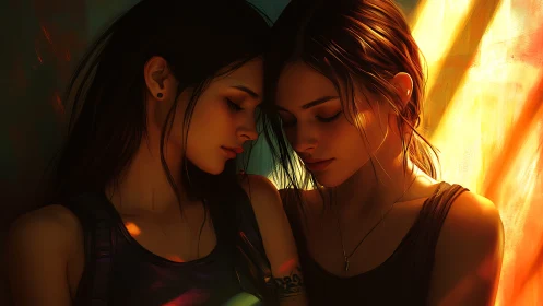 Two women in intimate moment with golden light.